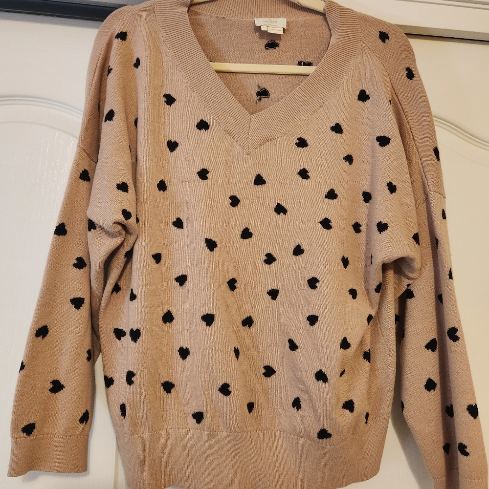 kate spade Beige V-Neck Sweater with Black Heart Print